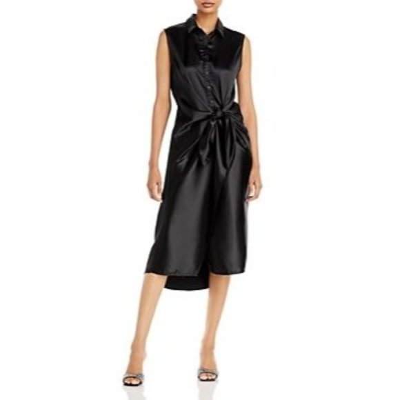 AQUA Tie Waist Black MIDI Dress in Black NWT - Picture 1 of 4